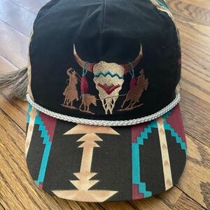 Vintage Cap in Western, Native American, Aztec, Longhorn Style. Horsehair Tie